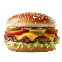 A close up shot of a hamburger with sesame seeds on the bun top layer on transparent background