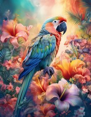 Obraz premium A vibrant pastel painting of a parrot among colorful tropical flowers, featuring soft textures, intricate details, and layered strokes for a dreamy, exotic, and artistic look.