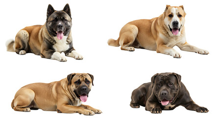 Four Dogs Lying Down Posing on White Background