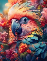 Obraz premium A vibrant pastel painting of a parrot among colorful tropical flowers, featuring soft textures, intricate details, and layered strokes for a dreamy, exotic, and artistic look.