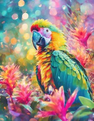 Obraz premium A vibrant pastel painting of a parrot among colorful tropical flowers, featuring soft textures, intricate details, and layered strokes for a dreamy, exotic, and artistic look.