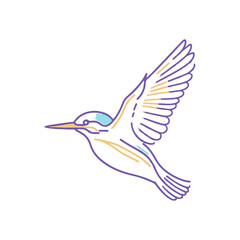 Illustration of a hummingbird in flight on a white background perched on a branch with delicate feathers and a graceful beak