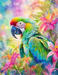 Obraz premium A vibrant pastel painting of a parrot among colorful tropical flowers, featuring soft textures, intricate details, and layered strokes for a dreamy, exotic, and artistic look.
