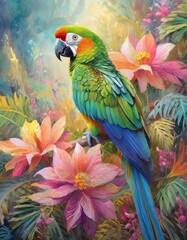 Fototapeta premium A vibrant pastel painting of a parrot among colorful tropical flowers, featuring soft textures, intricate details, and layered strokes for a dreamy, exotic, and artistic look.