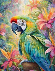 Obraz premium A vibrant pastel painting of a parrot among colorful tropical flowers, featuring soft textures, intricate details, and layered strokes for a dreamy, exotic, and artistic look.