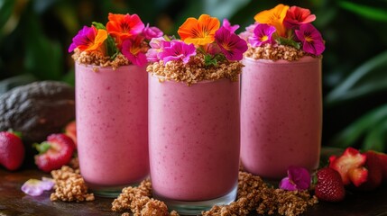 Refreshing Berry Smoothies with Edible Flowers and Granola Topping