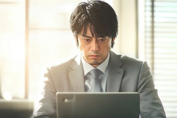 A focused businessman in a suit works intently on his laptop, concentrating on his tasks.