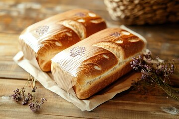 Two loaves of bread wrapped on a rustic wooden surface