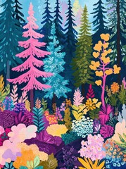 Obraz premium A vibrant forest filled with colorful trees and flowers