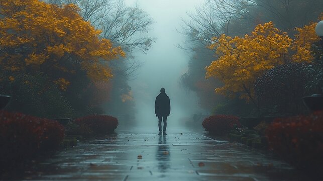 Man stands alone middle of misty garden surrounded fog looks confused unsure unable to find his way symbolizing his struggle to connect with his past and future The fog creates a sense of isolation