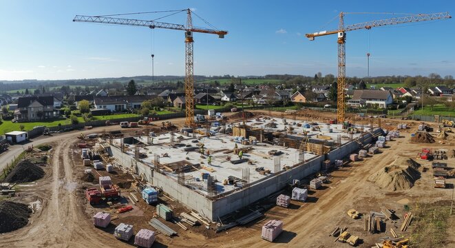 Residential Building Construction Site Aerial View - Progress of a new residential development, showcasing foundation work, cranes, and building materials. Symbolizing growth, progress, construction