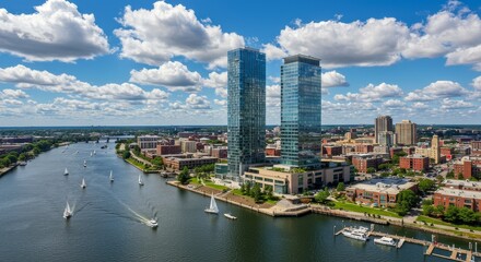 Riverfront Cityscape and Modern Towers under a Blue Sky - A scenic riverfront cityscape, featuring modern high-rise buildings, sailboats gliding on tranquil waters, puffy white clouds