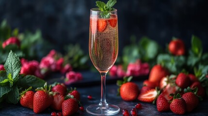 Refreshing Strawberry and Mint Sparkling Drink with Fresh Berries Surrounding