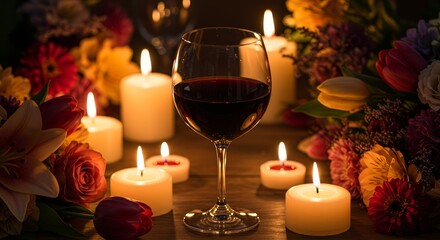 Romantic Wine and Candlelight Dinner - A romantic evening scene with a glass of red wine, burning candles, and vibrant flowers. Symbolizes love, intimacy, celebration, warmth, and passion