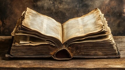 Obraz premium Vintage Blank Open Book with Aged Pages on Rustic Background, Ideal for Historical Themes, Writing Concepts, Empty Journal, or Literary Projects