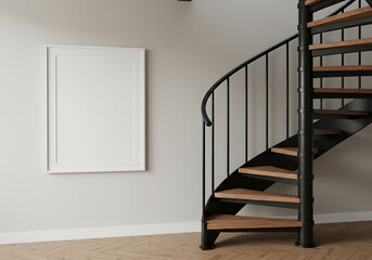 Modern interior with spiral staircase and blank frame mockup on wall