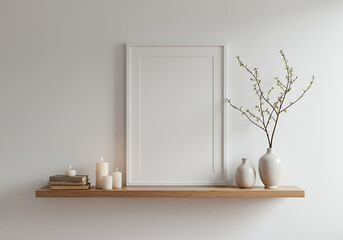 Blank frame mockup on shelf with candles and vases home interior decor