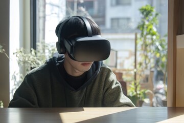 A young man wearing a VR headset sits at a table, immersed in a virtual reality experience.