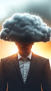 Surreal concept featuring a man in a suit with a dark cloud raining above his head against a dramatic sunset background, conveying introspective emotions. Vertical video made using Generative AI.