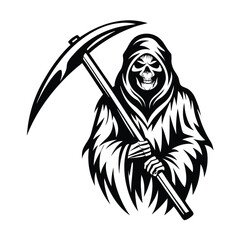 Grim Reaper Silhouette Holding Scythe, Hooded Skeleton, Black & White Death Figure