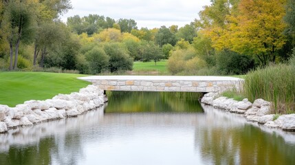 Obraz premium Stone Bridge Water Feature Modern Minimalist Style High Resolution Natural Light Landscape Wide Shot Autumnal Foliage Peaceful Tranquility Ideal for Resort Brochures