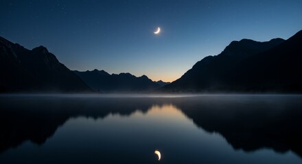 Serene Night Lake and Mountains - Tranquil scene of a calm lake reflecting mountains under a crescent moon at night. Peaceful and serene nature
