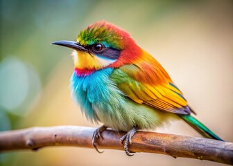 Fototapeta premium Macro Photography: Tiny Bird Perched on a Branch, Detailed Feathers and Delicate Twig