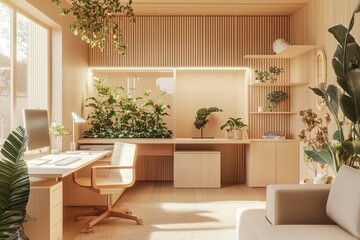 A serene, minimalist home office with abundant natural light, wooden accents, and lush indoor plants creating a calm and productive workspace.