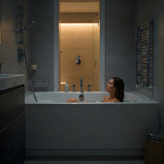 relaxed caucasian woman enjoying a bath in modern bathroom