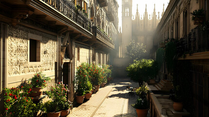 Fototapeta premium Sunlight Bathes Narrow European Alley With Stone Buildings And Floral Pots