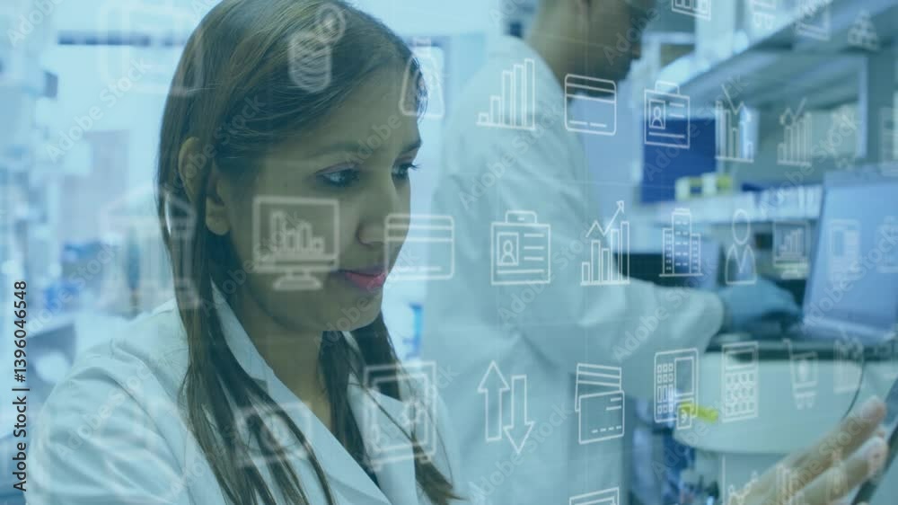 Poster in school lab, scientists processing data with animation icons overlay on screen