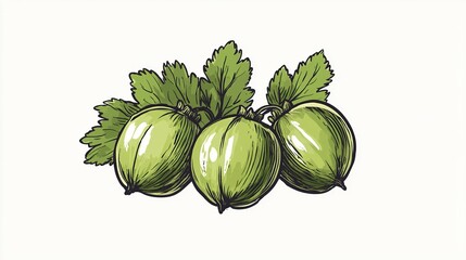 Minimal Simple Hand-Drawn Gooseberry Illustration with Bold Colors, Three Ripe Berries and Leaves, Detailed Sketch Style, Ideal for Food Art, Prints, and Design on white background.