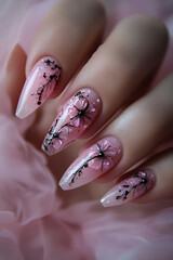 Delicate pink ballerina nail art adorned with exquisite floral details, evoking grace and femininity.