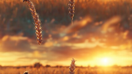 Naklejka premium A close-up of a plant in a field against a backdrop of the setting sun and cloudy sky