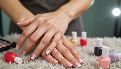 Fototapeta premium Woman showcasing ombre nail art in studio, beauty inspiration