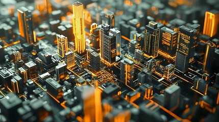 Abstract 3D city grid with financial overlays, highlighting urban business environments