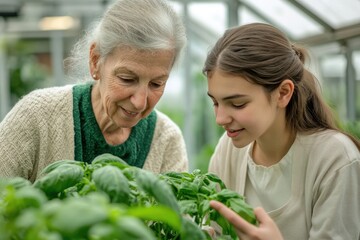Obraz premium Grandmother and granddaughter examining basil plants together in a greenhouse.