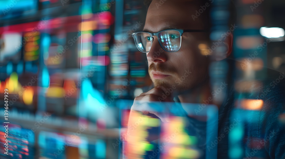 Wall mural man analyzes digital data reflected on his glasses, deep in thought about complex systems and inform