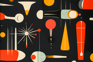 A colorful mid-century modern design featuring abstract shapes that evoke nostalgia and creativity.