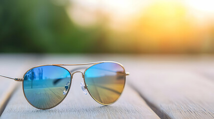 Stylish Sunglasses On Wooden Table Outdoors