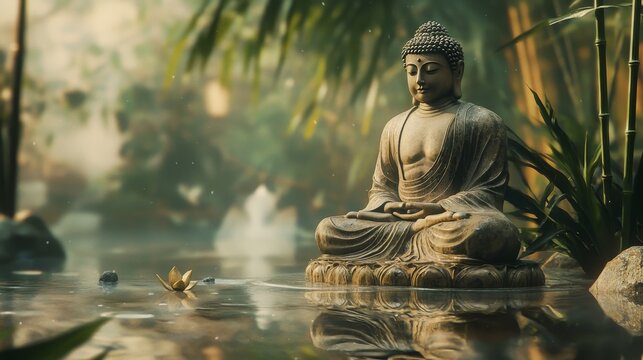 Tranquil buddha statue surrounded by bamboo with serene water reflections and warm colors