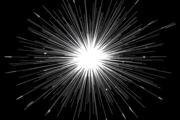 Digital artwork in black and white showing an abstract explosion of light, with dozens of fine lines radiating from the center. Bold contrast, retro comic-style starburst effect, powerful sense of mot