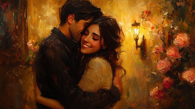 Joyful man leaps up and embraces a woman with enthusiasm as she enters a warm softly lit room their hug filled with emotion as if meeting after a long time