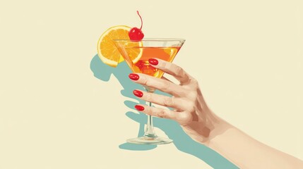 Elegant Hand with Red Nails Holding a Cocktail – Minimal Summer Drink Art with Orange and Cherry