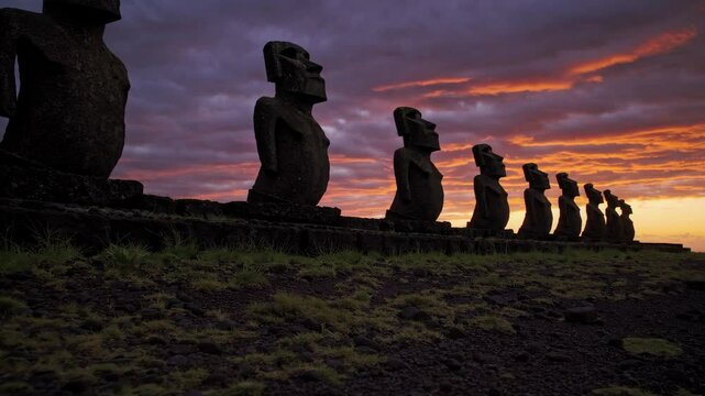 Majestic moai statues silhouetted against vibrant sunset skies on easter island