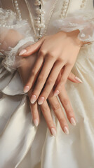 Delicate hands adorned with French nails, resting gracefully on an elegant wedding gown, exuding romance and sophistication.