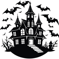 Spooky TwoStory House Silhouette, Black Bats Flying, Bare Trees, Isolated on White
