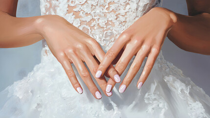 Naklejka premium Delicate hands adorned with French nails exude bridal elegance and grace.