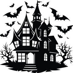 Spooky Haunted House Silhouette with Bats Flying around the Moon, Fantasy Art Style