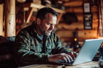 A man in a flannel shirt works on his laptop in a rustic cabin, focusing intently on his task.